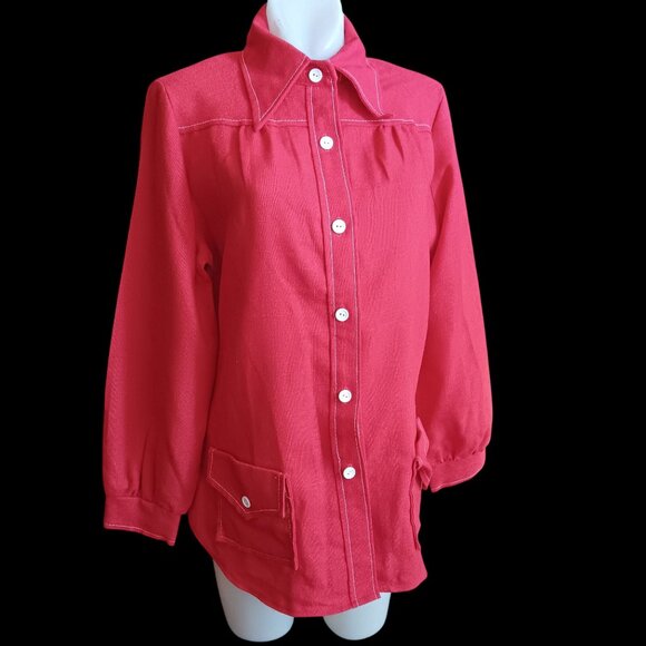 Vintage Medium Wome's Mod Jacket Shirt 1970's Sears Red Burlap granny Pockets - Picture 3 of 6